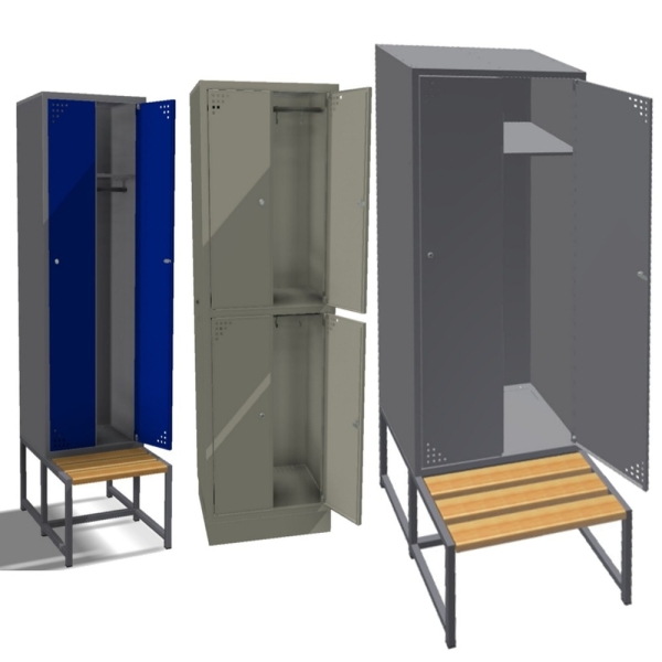 Hochwertiger Metallschrank mit Bank - Tür in L-Form