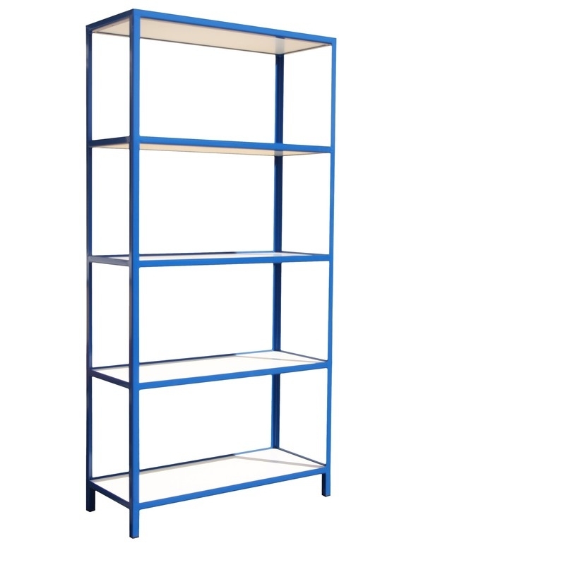 Storage rack with dimensions 200 x 100 x 40 cm, metal frame, shelves made of board.