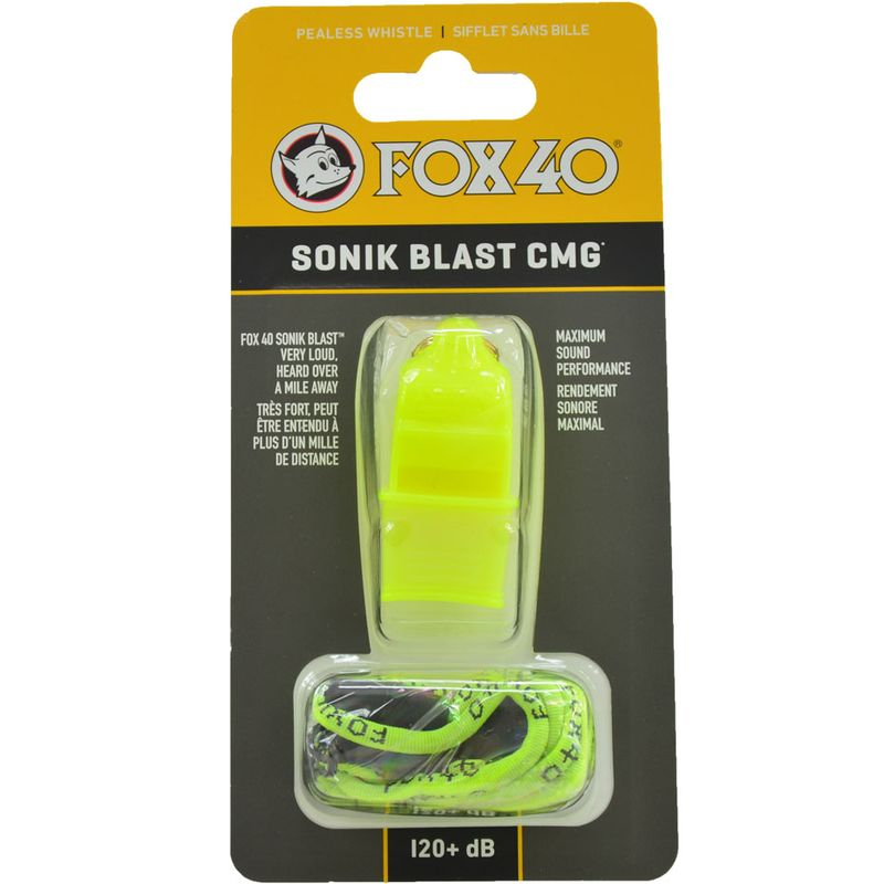 Fox 40 Sonik Blast CMG Official whistle with cord, neon yellow color