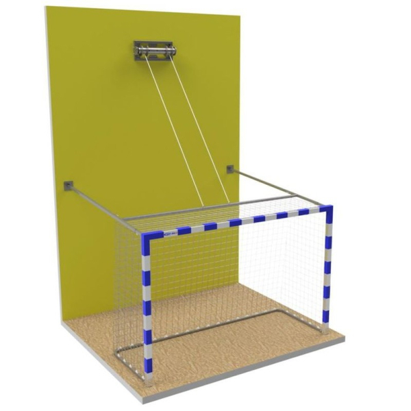 PREMIUM Aluminium verstärkte Handballtore (2 x 3 m) an der Wand hochgezogen