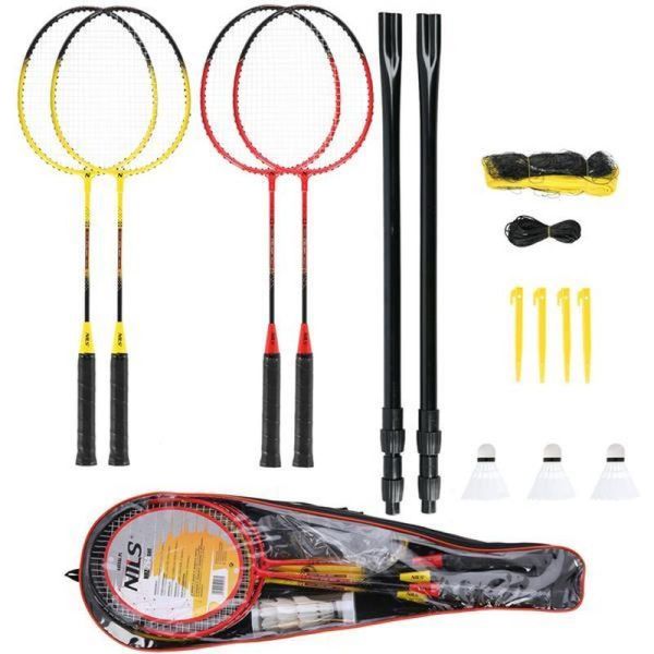 NILS Badmintonset NRZ264 (4 Schläger+3 Darts+Pfosten + Netz)