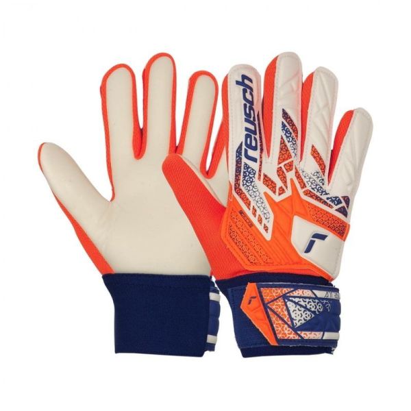 Reusch Attrakt Starter Solid Juniorské brankářské rukavice, barva bílo-oranžovo-modrá Reusch Attrakt Starter Solid Juniorské brankářské rukavice, barva bílo-oranžovo-modrá