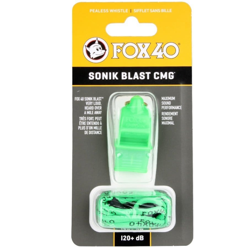 Fox 40 CMG Sonik Blast whistle with cord, green color